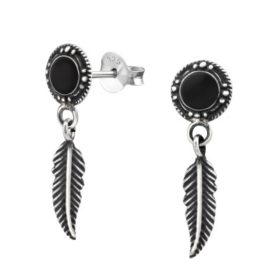 Silver Round Ear Studs with Hanging Feather and Epoxy