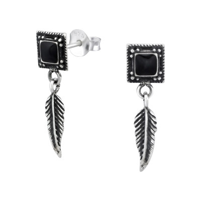 Silver Square Ear Studs with Epoxy and Hanging Feather