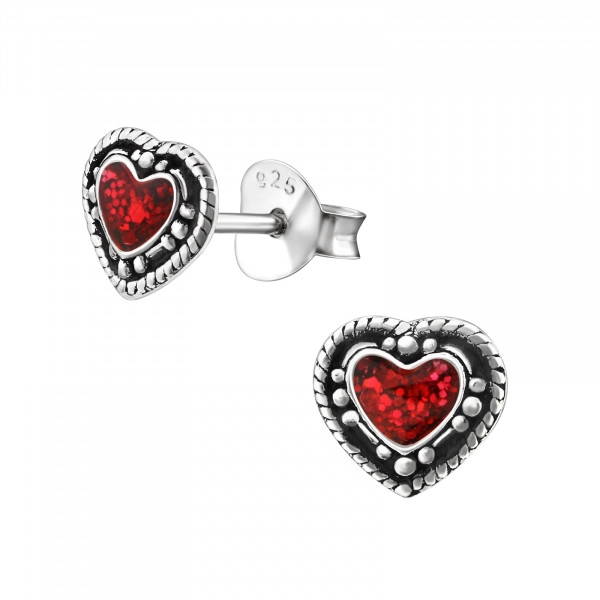 Aesthetic Silver Heart Ear Studs with Epoxy