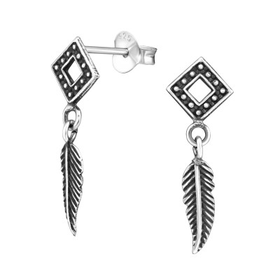 Silver Square with  Hanging Feather Ear Studs