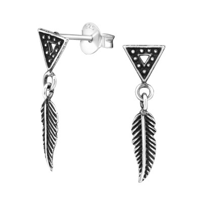 Silver Triangle with  Hanging Feather Ear Studs