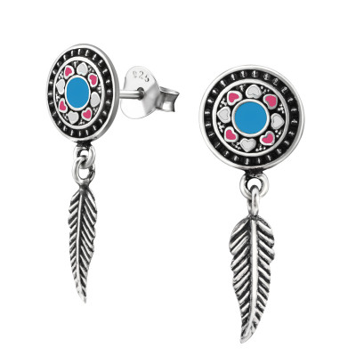 Silver oxidized Ear Studs with Hanging Feather with Epoxy