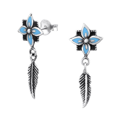 Silver Flower Ear Studs with Epoxy and Hanging Feather