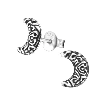 Silver Ethnic Crescent Moon Ear Studs
