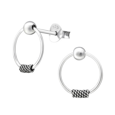 Silver Ball Ear Studs with Hanging Circle