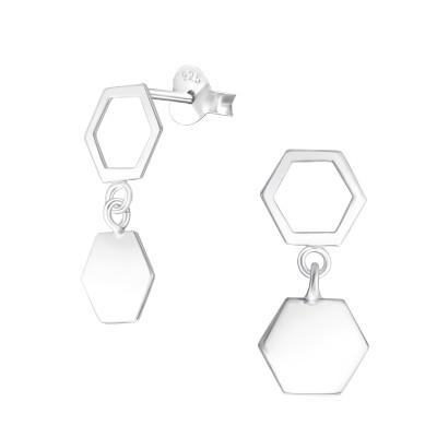 Silver Hexagon Ear Studs with Hanging Hexagon