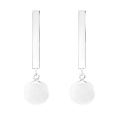 Silver Bar Ear Studs with Hanging Pom-Pom