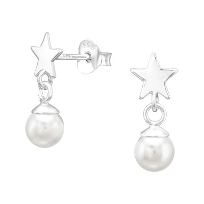 Silver Star Ear Studs with Hanging Synthetic Pearl