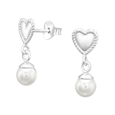 Silver Heart Ear Studs with Hanging Synthetic Pearl