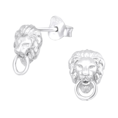 Silver Lion Head Hnocker Ear Studs