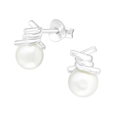 Silver Knot Ear Studs with Synthetic Pearl