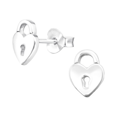 Silver Heart Padlock Ear Studs