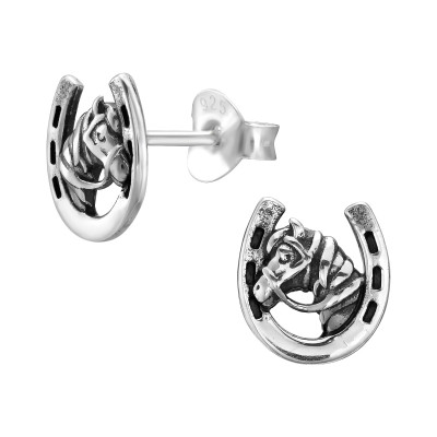 Horse and Horseshoe Sterling Silver Ear Studs