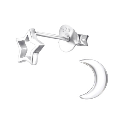 Silver Moon and Star Ear Studs