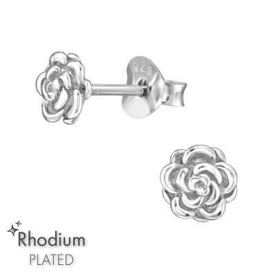 Rose Flower Sterling Silver Rhodium Plated Ear Studs