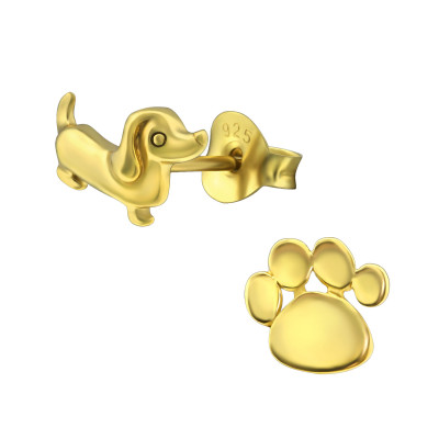 Silver Dog and Paw Print Ear Studs