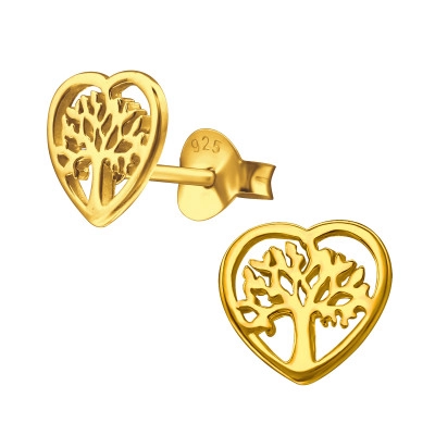 Silver Tree of Life Heart Ear Studs