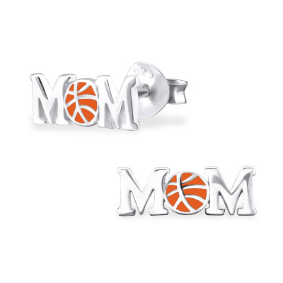 Silver Basketball Mom Ear Studs with Epoxy