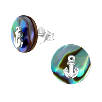 Silver Anchor Ear Studs with Imitation Stone