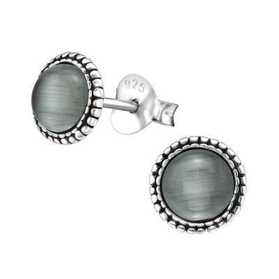 Silver Round Ear Studs with Cat Eye