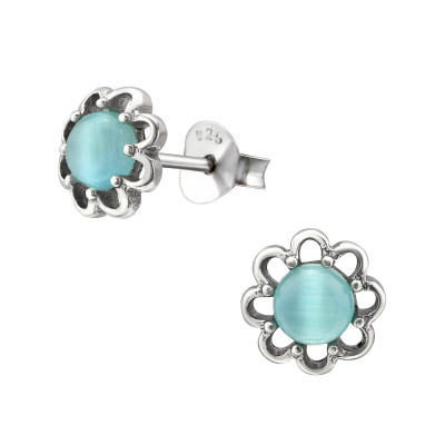 Silver Flower Ear Studs with Cat Eye