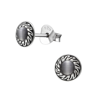 Silver Round Ear Studs with Cat Eye