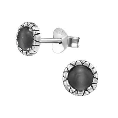 Silver Round Ear Studs with Cat Eye