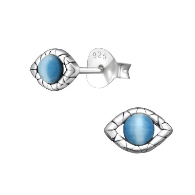 Silver Evil Eye Ear Studs with Cat Eye