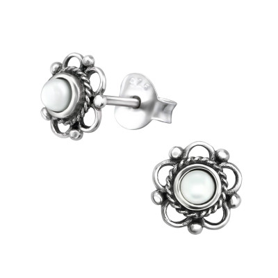 Flower Sterling Silver Ear Studs with Shell/Imitation Stone