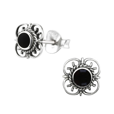 Silver Flower Ear Studs with Epoxy