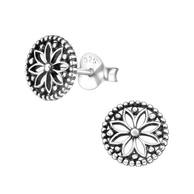 Silver Oxidized Flower Ear Studs