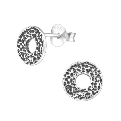 Silver Round Oxidized Ear Studs