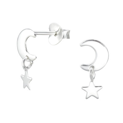 Moon and Star Sterling Silver Ear Studs