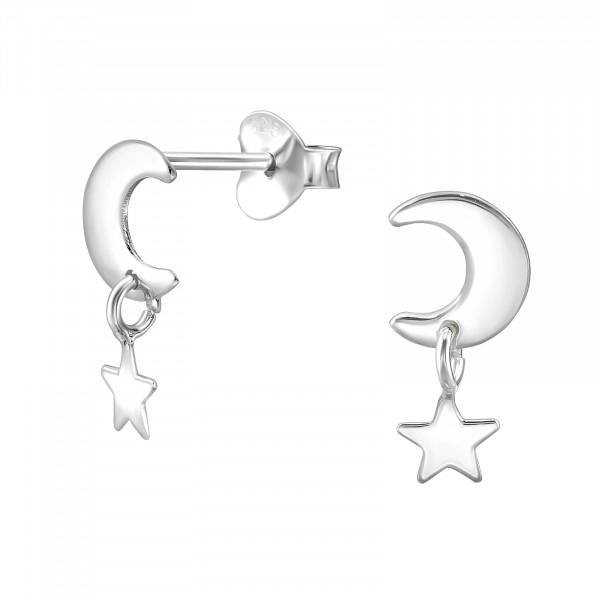Charming Moon and Star Sterling Silver Ear Studs