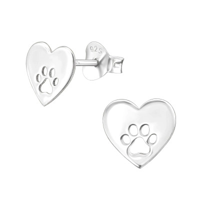 Silver Laser Cut Heart and Paw Print Ear Studs