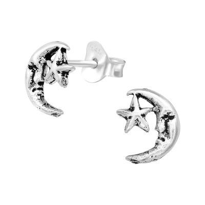 Silver Moon and Star Ear Studs