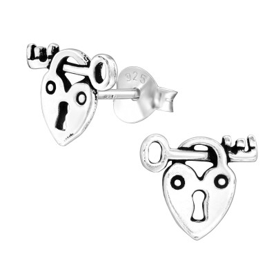 Silver Padlock and Key Ear Studs