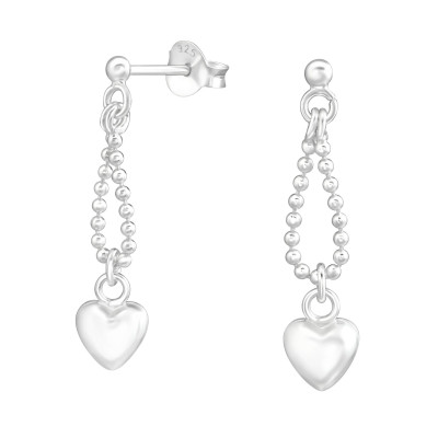 Silver 2mm Ball Ear Studs with Hanging Heart