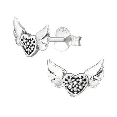 Silver Heart Wing Ear Studs