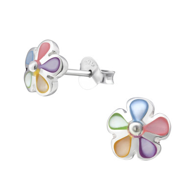 Silver Flower Ear Studs with Imitation Stone