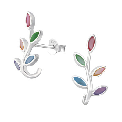 Silver Olive Branch Ear Studs with Imitation Stone and Epoxy