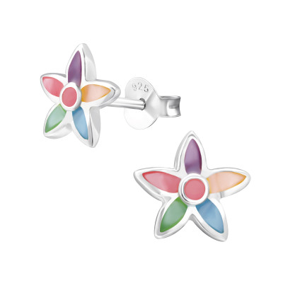 Silver Flower Ear Studs with Imitation Stone and Epoxy