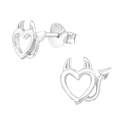 Silver Demon Heart Ear Studs