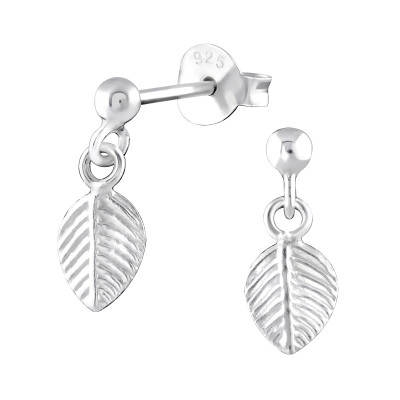 Silver Ball Ear Studs with Hanging Leaf