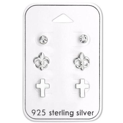 Fleur De Lis and Cross Ear Stud Sterling Silver Set and Jewelry on Card