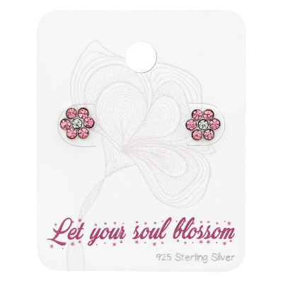 Silver Flower Ear Studs with Crystal on Blossom Card