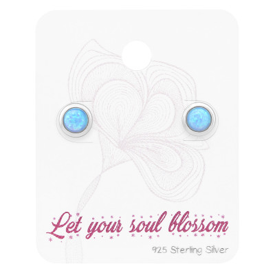 Silver Round Ear Studs with Synthetic Opal on Blossom Card