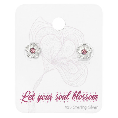 Silver Flower Ear Studs with Crystal on Blossom Card