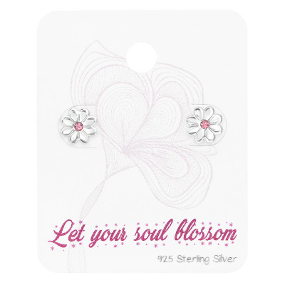 Silver Flower Ear Studs with Crystal on Card