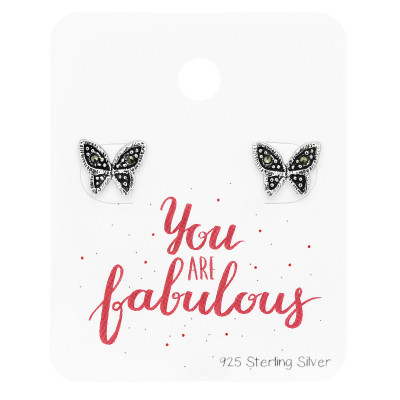 Silver Butterfly Ear Studs with Crystal on Card